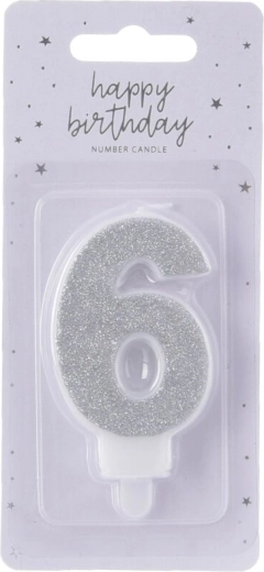 Silver Number 6 Cake Candle, 7 cm