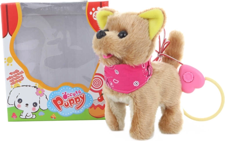 Plush dog with scarf on a leash, walks and barks, 16 cm