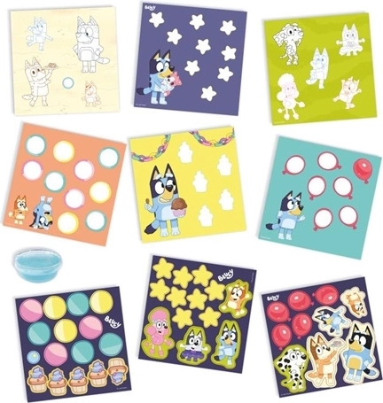 6 Bluey-themed cards and lots of colorful shapes