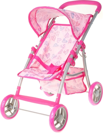 Pink umbrella stroller for a doll with hearts and a basket