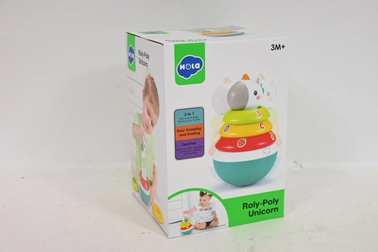 SmilyP Unicorn 3-in-1: stacking pyramid, shape sorter, rattle and wobble toy