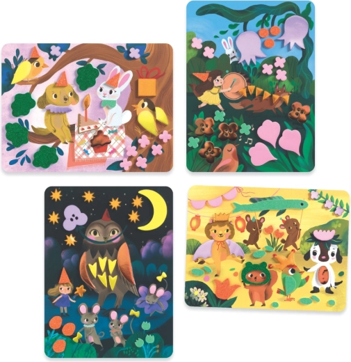 Four colorful illustrated boards