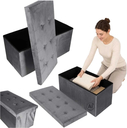 Foldable velvet ottoman with storage space, grey, 77 × 38 × 37 cm
