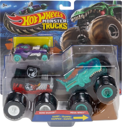 Mattel Hot Wheels Monster Trucks set of 2 monster trucks with a ramp and a Hot Wheels car