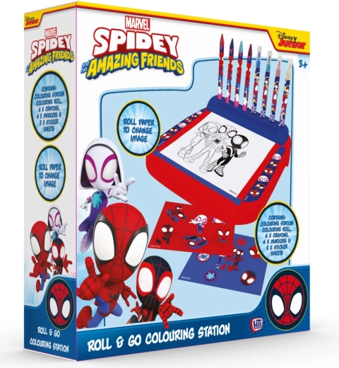 Spidey stand with coloring pages and paints