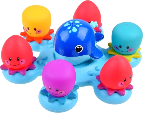 Magical bath toys – whale and little octopuses on a floating platform