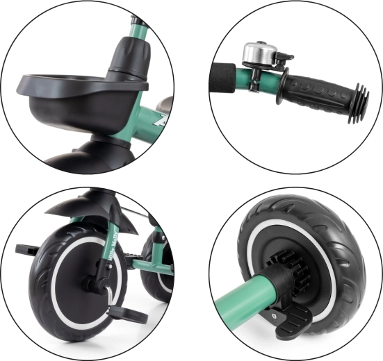 Practical details: bell, non-slip grips and storage space