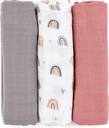 Petite&Mars bamboo muslin swaddles Moussy rose rainbows 3 pcs 68 × 68 cm