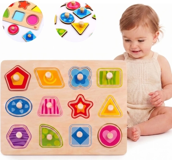 Tooky Toy Montessori дървен пъзел за вграждане форми с дръжки - 1 брой