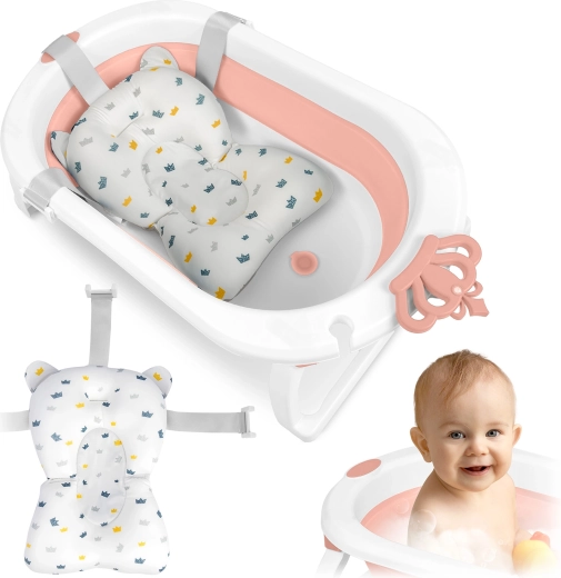 Foldable baby bathtub with newborn insert – White-pink