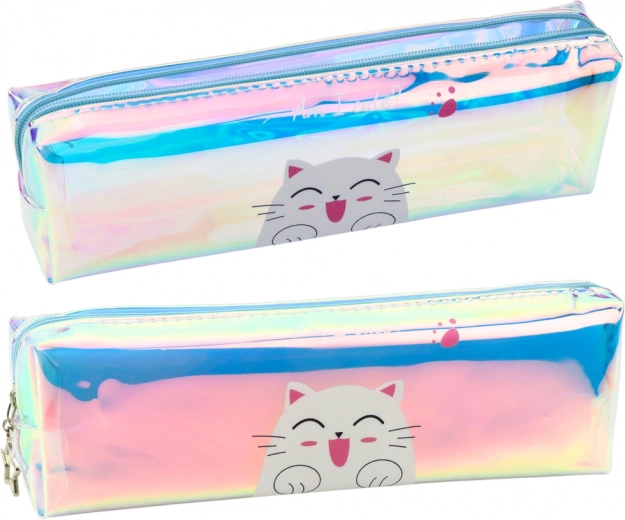 School pencil case holographic with blue kitten