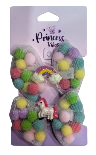PINK set of large hair clips with pom-poms and a unicorn, 2 pcs
