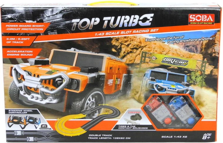 3 m slot car track with two off-road cars, adapter and steering-wheel controllers with sound