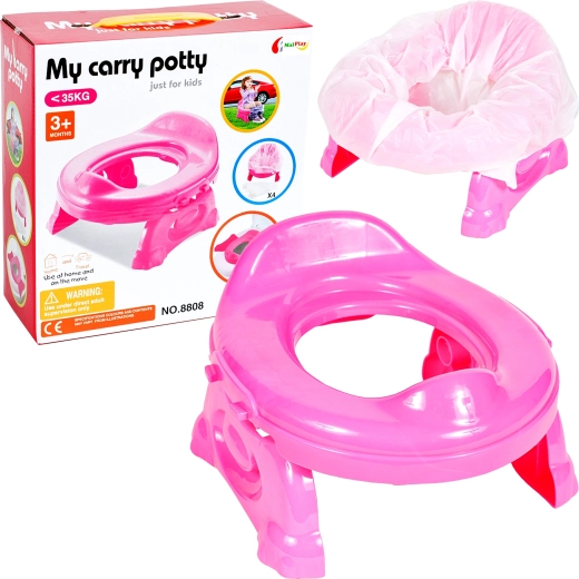 Travel child seat with pink cover and 4 bags