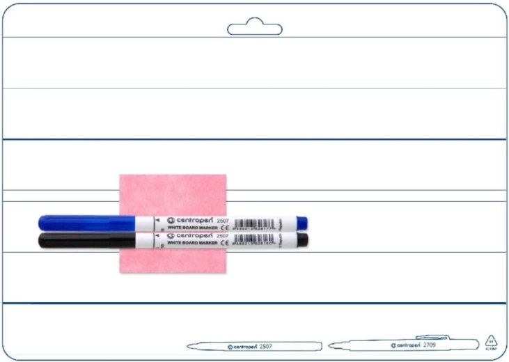 CENTROPEN dry-erase A4 board, double-sided, with 2 markers and wiping cloth