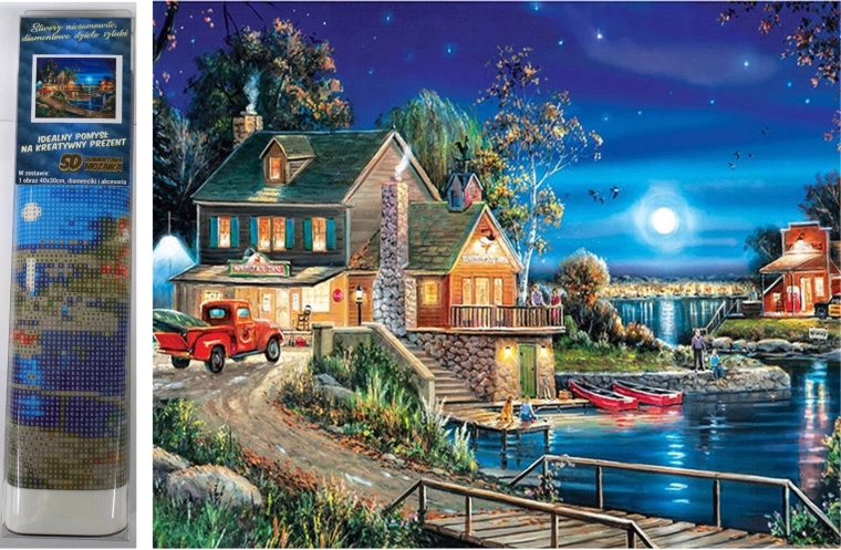 Диамантено рисуване Къща край езерото 30 × 40 см