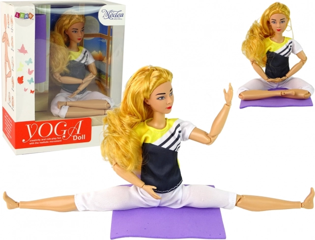 Articulated yoga doll with long blonde hair and mat