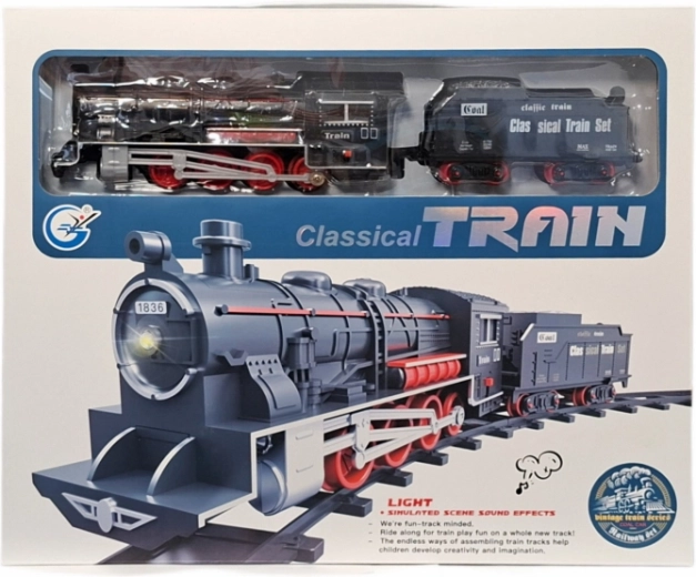 Classic battery-powered train set with steam locomotive and carriage
