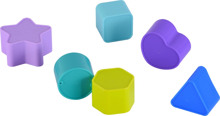 Six colorful geometric shapes