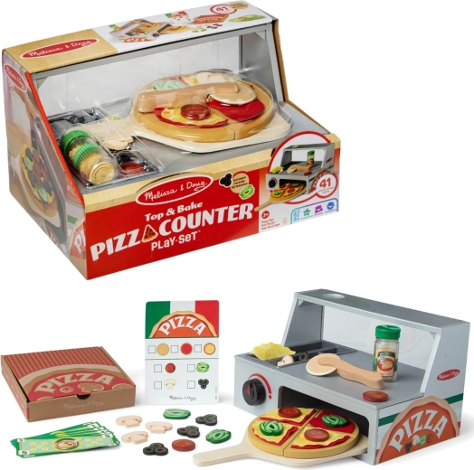 Melissa & Doug дървена пицария – пица щанд с фурна и аксесоари (41 части)