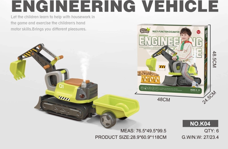 Multifunctional children's ride-on excavator with trailer