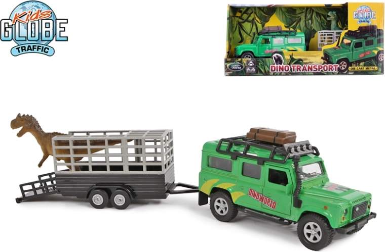 Kids Globe Traffic офроуд автомобил LAND ROVER с ремарке и динозавър 28 см, метален, с инерционно задвижване
