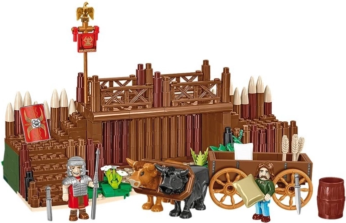 Legionary and Gallic merchant figures with cart and oxen