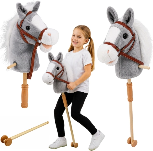 Grey hobby horse on a stick 100 cm with sounds and wheels
