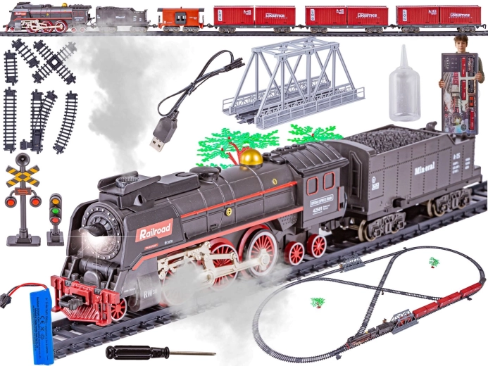 Electric train set with steam locomotive, sound, light and steam – large set with rechargeable battery