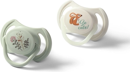 BabyOno silicone pacifiers symmetric 6–18 m, 2 pcs (daytime + glow-in-the-dark)