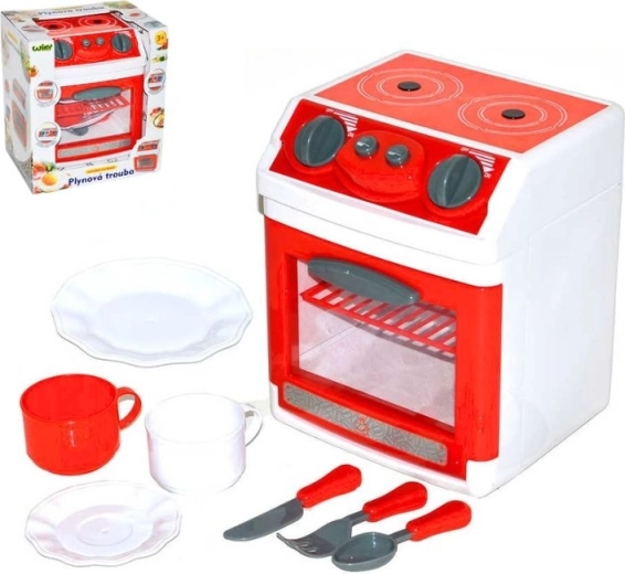 Children's battery-powered oven with tableware