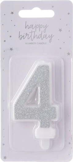 Number 4 cake candle, silver metallic, 7 cm