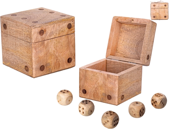 Wooden mango wood die with storage box and set of 5 dice