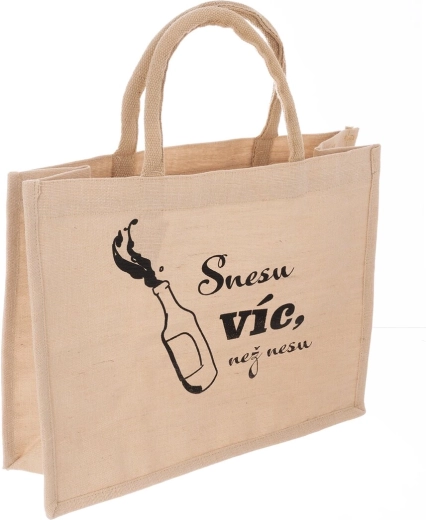 Beige jute shopping bag with the text “I can carry…” 38 × 16 × 31 cm