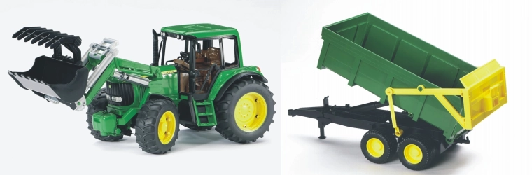Трактор Bruder John Deere 6920 с челен товарач и ремарке