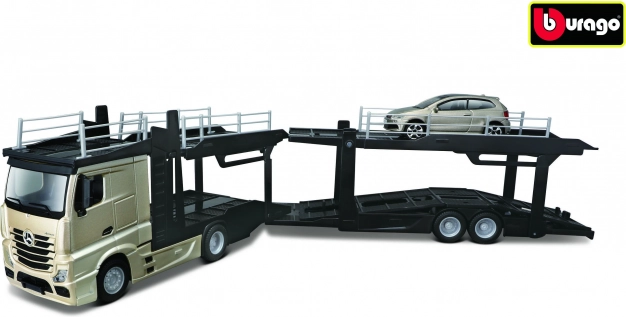 Bburago Street Fire камион с ремарке Multicar Carrier Mercedes‑Benz Actros + VW Polo GTI 1:43