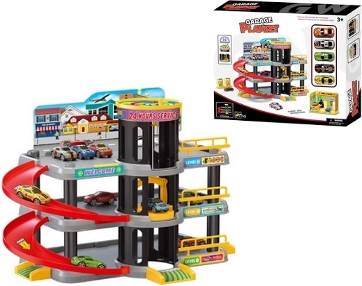 Three-Story Parking Garage with Elevator and Cars