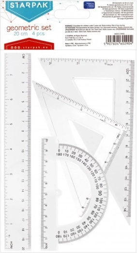 Geometric ruler set 20 cm with protractor and set squares