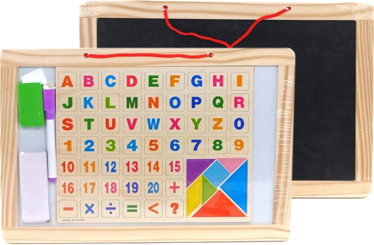 Double-sided magnetic board for chalk and markers with letters, numbers and puzzle
