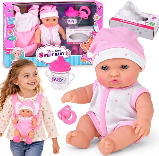 Baby doll 20 cm in a carrier with a pacifier, bottle and accessories