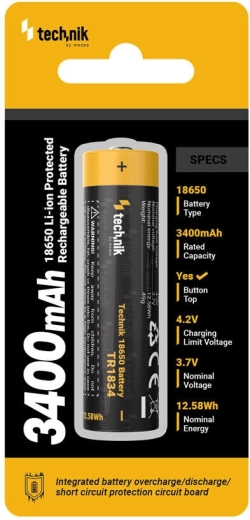 Презареждаема Li‑Ion батерия 18650 3400 mAh 3,7 V със защита Technik