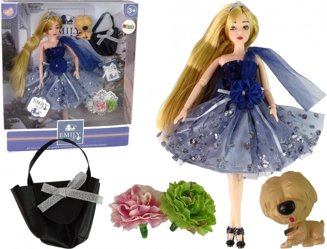 Doll Emily with puppy, handbag and flowers