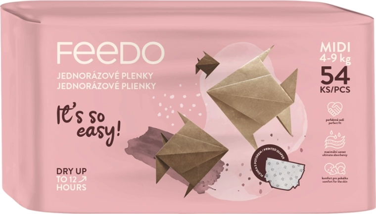 Еднократни детски пелени FEEDO Midi 3 (4–9 кг), 54 бр.