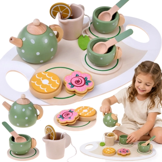 Wooden tea set for kids in pistachio – 15 pieces