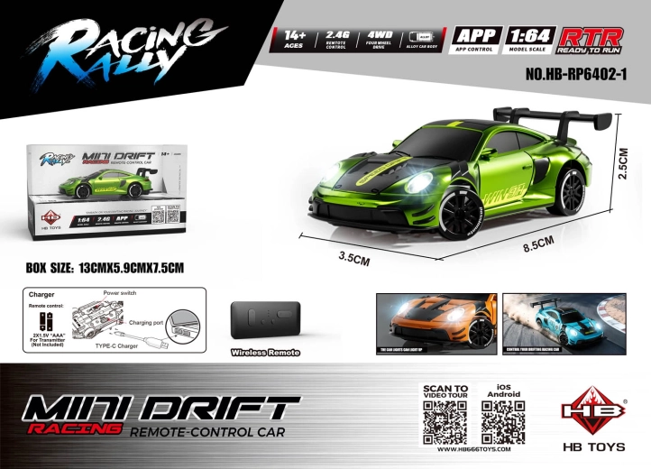R/C Mini Drift SmokeRacer car, green, 1:64 scale