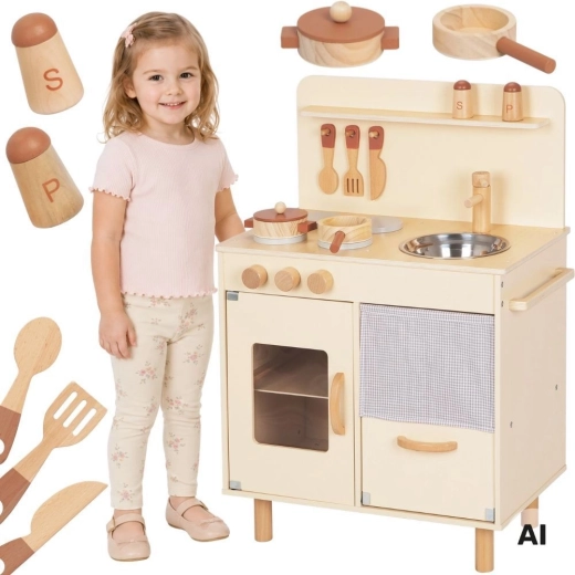 Дървена детска кухня бежова с аксесоари Tooky Toy