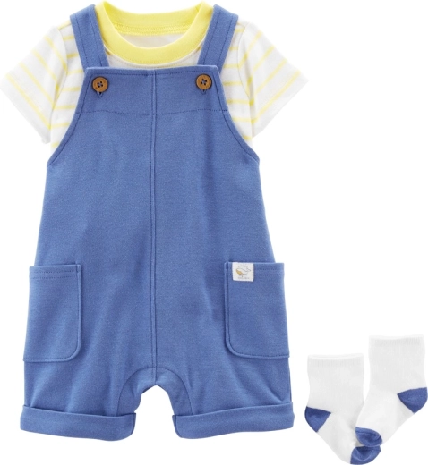 Carter's тричастен комплект за бебе Yellow Stripes – тениска, гащеризон шорти и чорапи