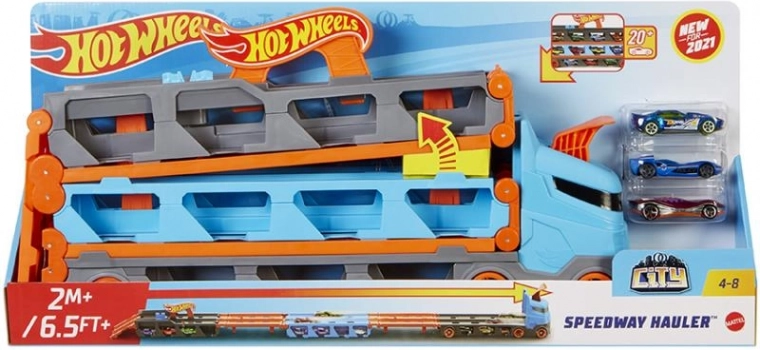 Hot Wheels състезателен транспортьор 2-в-1 с писта 1,8 m и място за съхранение на 20 колички