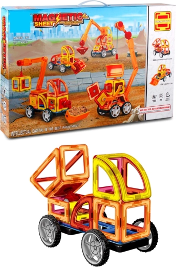 Magnetic Construction Set with Construction Vehicles, 87 Pieces