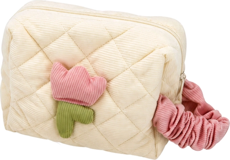 Quilted cosmetic bag with zipper